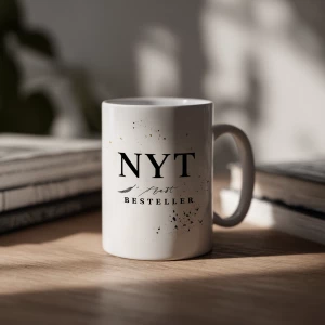 Minimalist sleek ceramic mug design, elegant black-and-white typ...