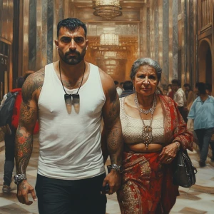 HD,Photorealism,A sweaty tattoed muscular  man walking with his...