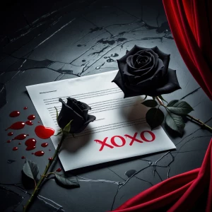 A black rose is strewn across the stage a top a letter, a love l...