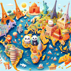 Create an imaginative map of the world featuring charming landma...