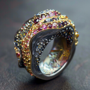 Design a unique ring that combines sterling silver and gold, fea...