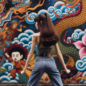 Attractive, Asian teenage girl, long brown hair and bangs, wearing tight skinny jeans and a halter top paint marks on her clothing, backside view heroic pose Asian graffiti