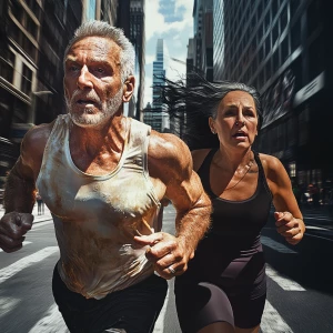 Create a hyperrealistic image of a well-built, sweaty man joggin...