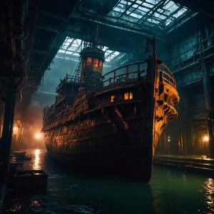 A sinister, decaying galactic galleon, blotched with dark hues a...