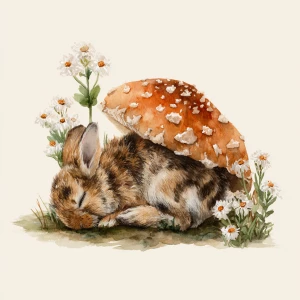 Sleeping fluffy rabbit under spotted mushroom, small wildflowers...