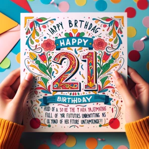 Design a cheerful 21st birthday greeting card for Maria highligh...