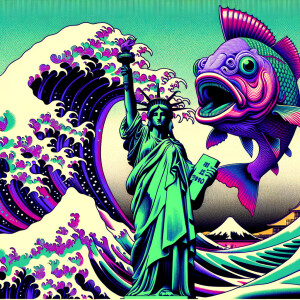 Cute giant purple and neon green piranha