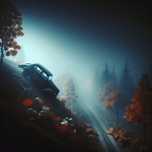 Autumn. Night. Fog. The car is falling down the hill