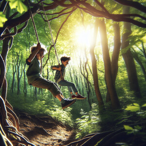 Boys swinging on grapevines in the forest