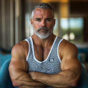 The image shows a white man with a beard , gray haired muscular...