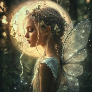 Digital art portrait of an ethereal female fairy with delicate w...