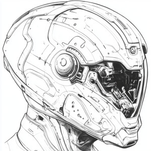 Create an ink style illustration of a futuristic helmet, with sl...