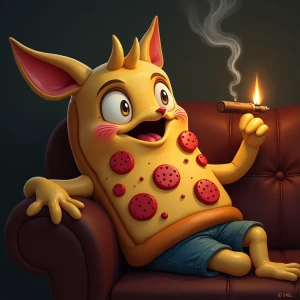An anthropomorphic pizza slice character with red veins in half-...