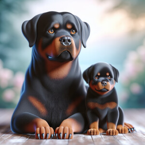 A Female Rottweiler dog with her puppy next to her 3D Photolisti...