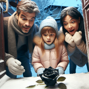 In winter, a father, mother and daughter stand near the threshol...
