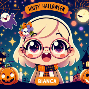 Create a cutesy Halloween graphic of Cartoon little girl with bl...