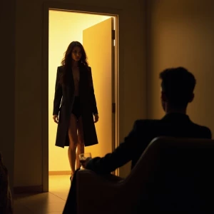 A cinematic, moody evening scene in a modern high-rise apartment...