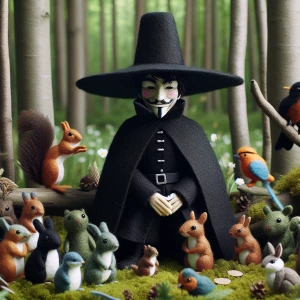 Guy Fawkes character dressed in black made of of felt surrounded...