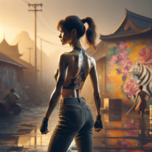 Athletic Thin skinny Attractive, Asian teenage girl, long brown hair and bangs, wearing tight skinny jeans and a halter top paint marks on her clothing, heroic pose Asian graffiti background, backside view