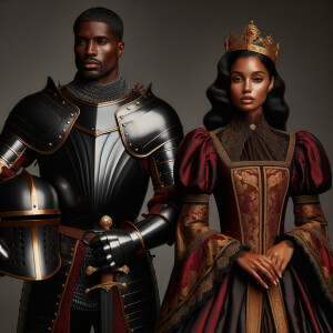 Black knight standing with a queen that’s wearing burgundy and gold dress