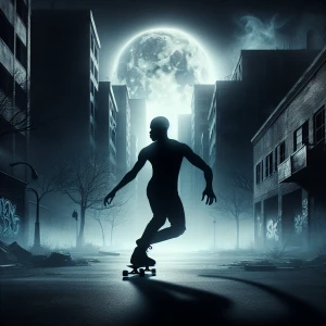 A shadowy figure skateboarding through an abandoned urban landsc...