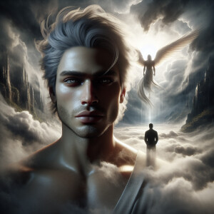 Hyperdetailed front-facing close-up portrait, angel, looking at...