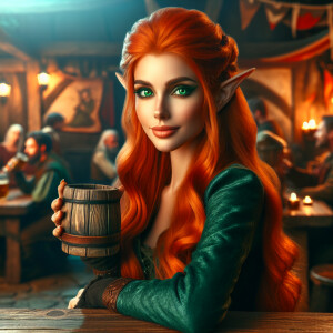Elf female long orange hairs, green eyes, green clothes, beer wo...