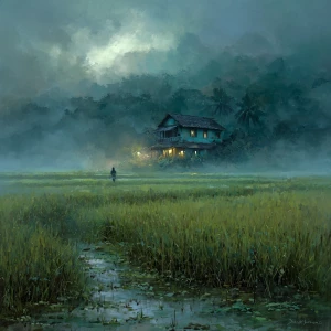 V subtle ultra realistic ..house in a paddy field from far..with...