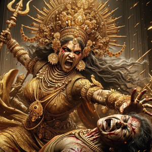 portrait of angry looking, indian goddess lunging at a weak mahishasur with a trident in her hand. She is wearing gold armor, a huge gold crown, gold saree, abundant  gold jewelry, covered in blood. The scene is set in ancient India. The image is 8K resolution, cinematic, photography, ultra detailed face and epic.