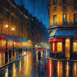 Show a simple cityscape at night with streetlights reflecting on...