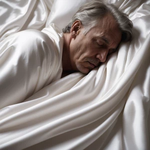 A detailed image of my father asleep, with a thin white satin sh...