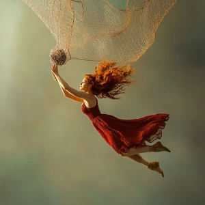 Ginger haired woman flying through the air catching something wi...
