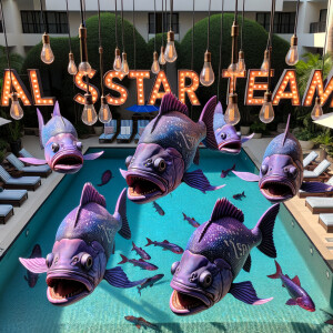 Five purple piranhas
Lights that say “All Star Team”
Poolside