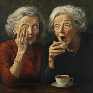 Generate an image of two women in their fifties sharing a secret...