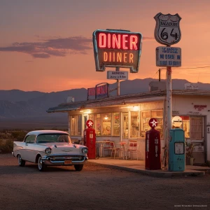 "A photorealistic vertical photograph of a vintage 1950s roadsid...