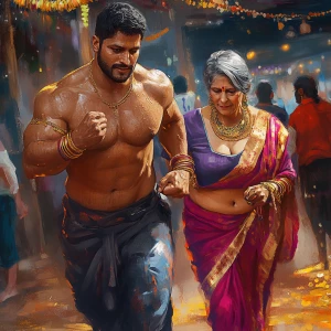 A muscular Gujarati man with glistening sweat on his body, accom...