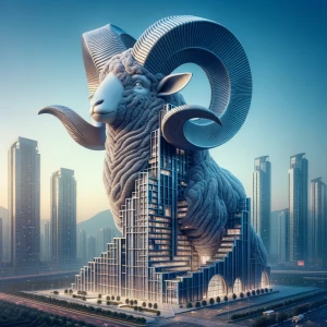 Create a 3D image of a building designed in the shape of a big h...