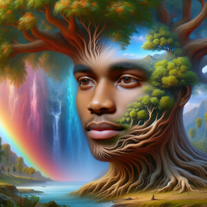 Create a hyper-realistic 3-D oil painting of a tree integrated w...