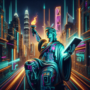 Cyberpunk-inspired Statue of Liberty featuring neon detailing, r...