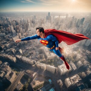 Superman shooting the bird, above a sprawling cityscape, directl...