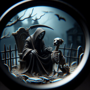 A macro photograph of grim reaper. he is sitting in graveyard wi...