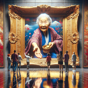 surreal photo, realistic scene, elderly woman inside painting, h...