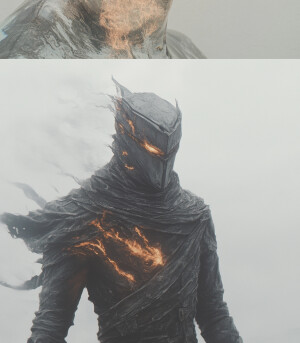 Surrealist humanoid, contrasting textures and elements, fire and...