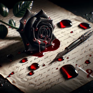 A black rose with blood on it fallen across a love note that’s s...