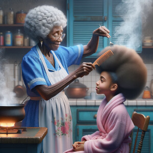 Create a realistic 3-D image of an african-American grandmother wearing a blue house dress and a white apron . She is in the kitchen with her african-American granddaughter. Her granddaughter is wearing a pink bath robe. The grandmother has a hot comb in her hand and she is straightening her granddaughters hair. One side of her granddaughters hair is in  a Afro the other straight 
There is smoke coming from the hot comb
The granddaughter is making a face