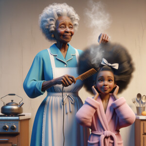 Create a realistic 3-D image of an african-American grandmother wearing a blue house dress and a white apron . She is in the kitchen with her african-American granddaughter. Her granddaughter is wearing a pink bath robe. The grandmother has a hot comb in her hand and she is straightening her granddaughters hair. One side of her granddaughters hair is in  a Afro the other straight 
There is smoke coming from the hot comb
The granddaughter is holding her ear and making a funny face