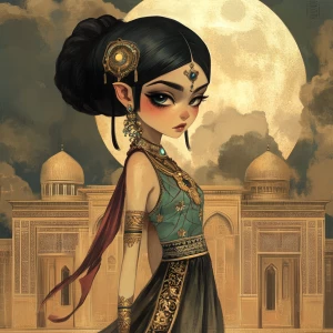 Depict an alien girl inspired by Achaemenid Persian art, elegant...