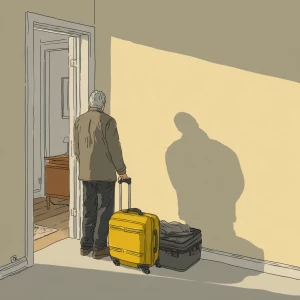 Footage of a person packing a suitcase and departing from a room...