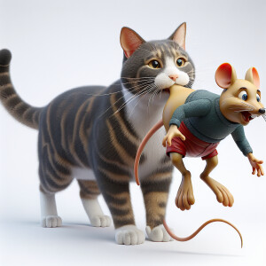 Create a realisticclooking cat who has mickey mouse in its mouth