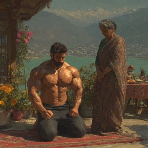 Realism,painting.A man muscular beefy sweaty doinga yoga sitting...